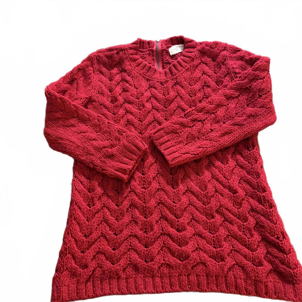 ZARA KNIT Red Wool Blend Loose Cable Knit back zip sweater Wms S CabinCore Cozy